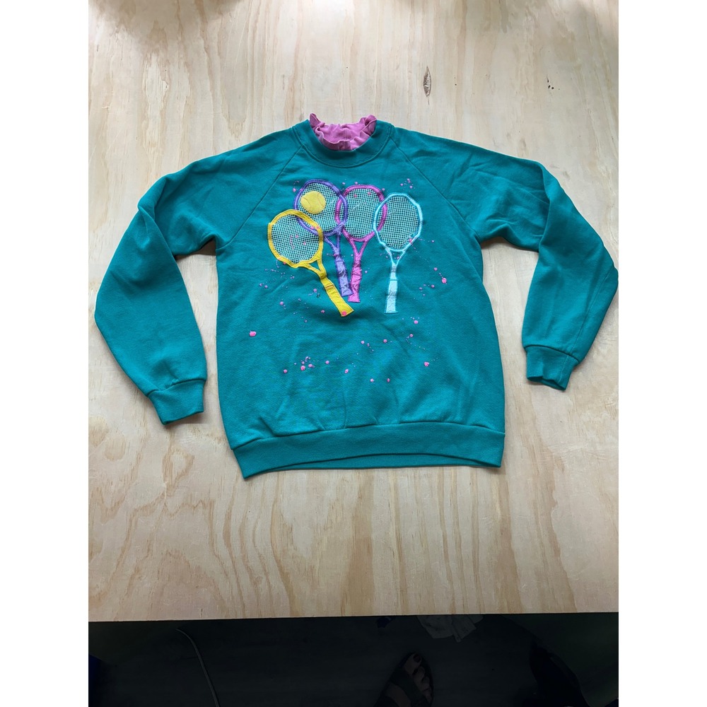 Vintage Tennis Racket Applique Sweatshirt Teal Pink Mock Neck Pullover Womens